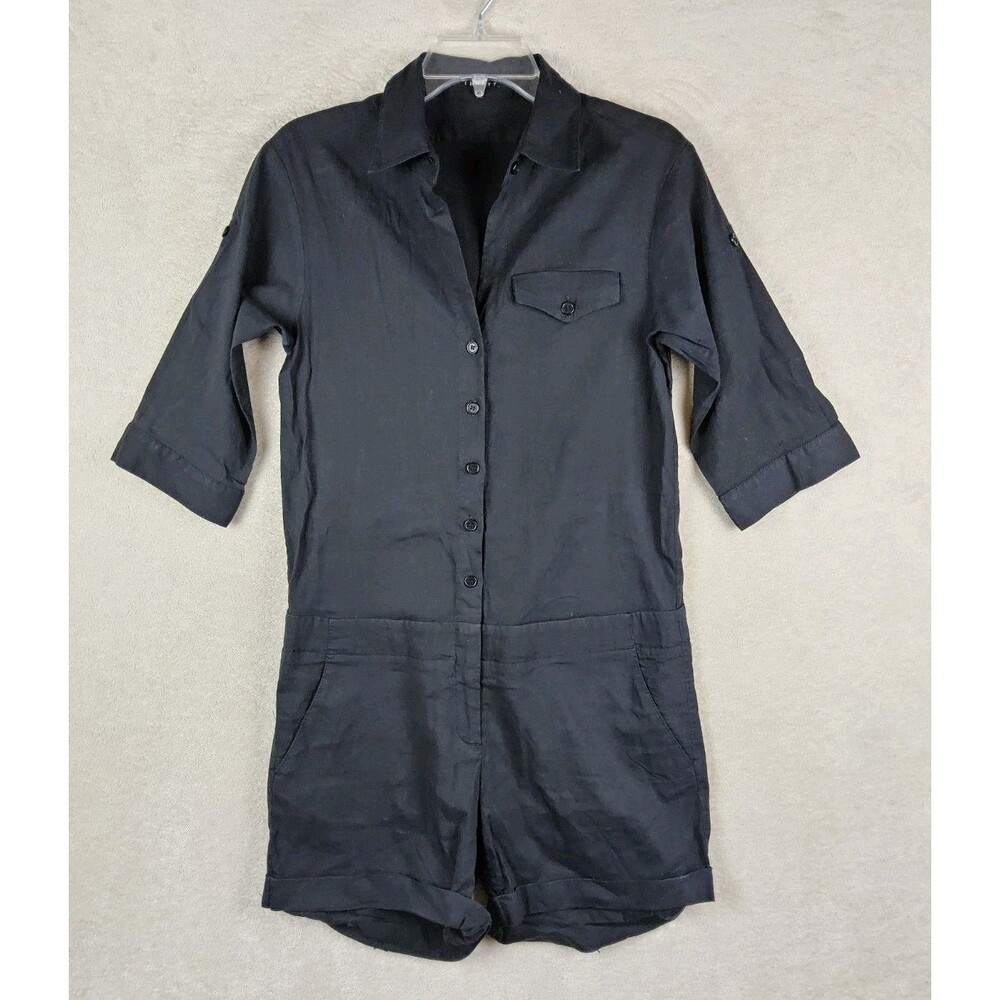 Theory Women's Linen 3/4 Sleeve Button Front Black Romper Shortall Size 2